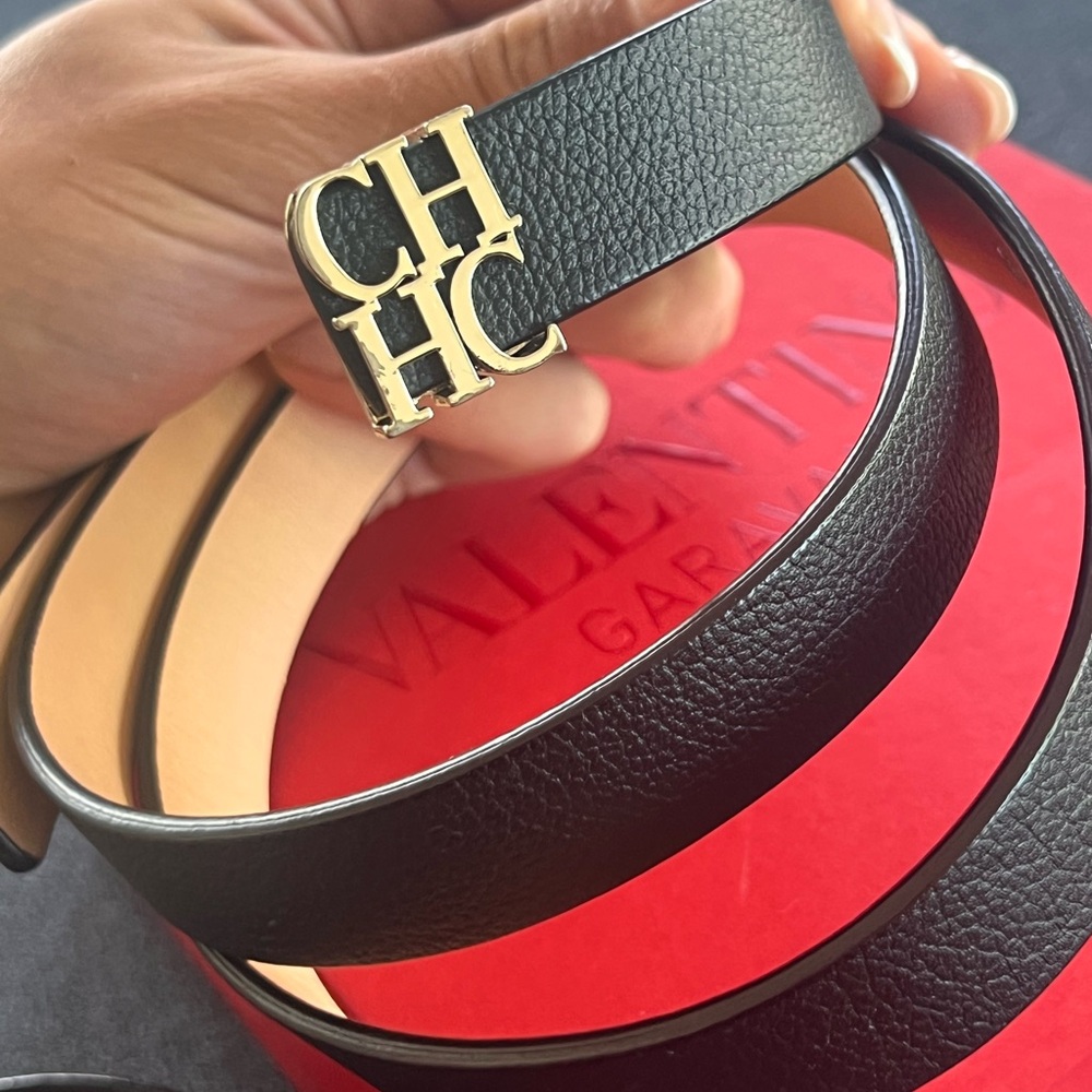 Like New - Carolina Herrera Black Leather Belt with Gold Buckle